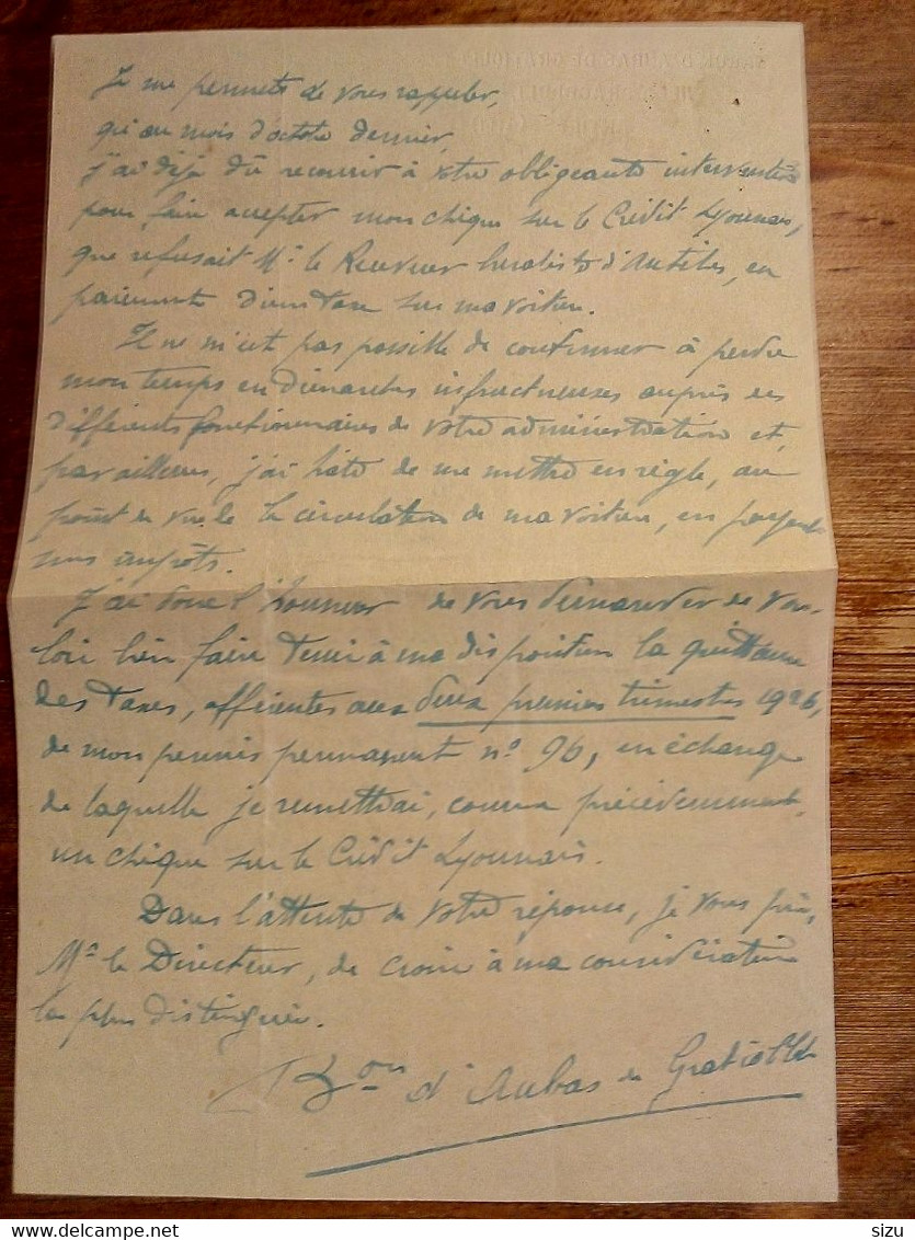 Lettre manuscrite de 1926 par le Baron d'Aubas de Gratiollet