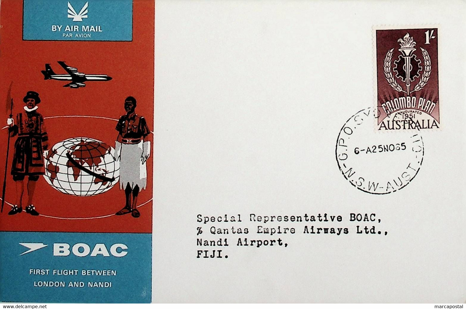 1965 Austrália 1st BOAC Flight London - Nandi, Fiji (Link Between Sydney And Nandi) - Erst- U. Sonderflugbriefe