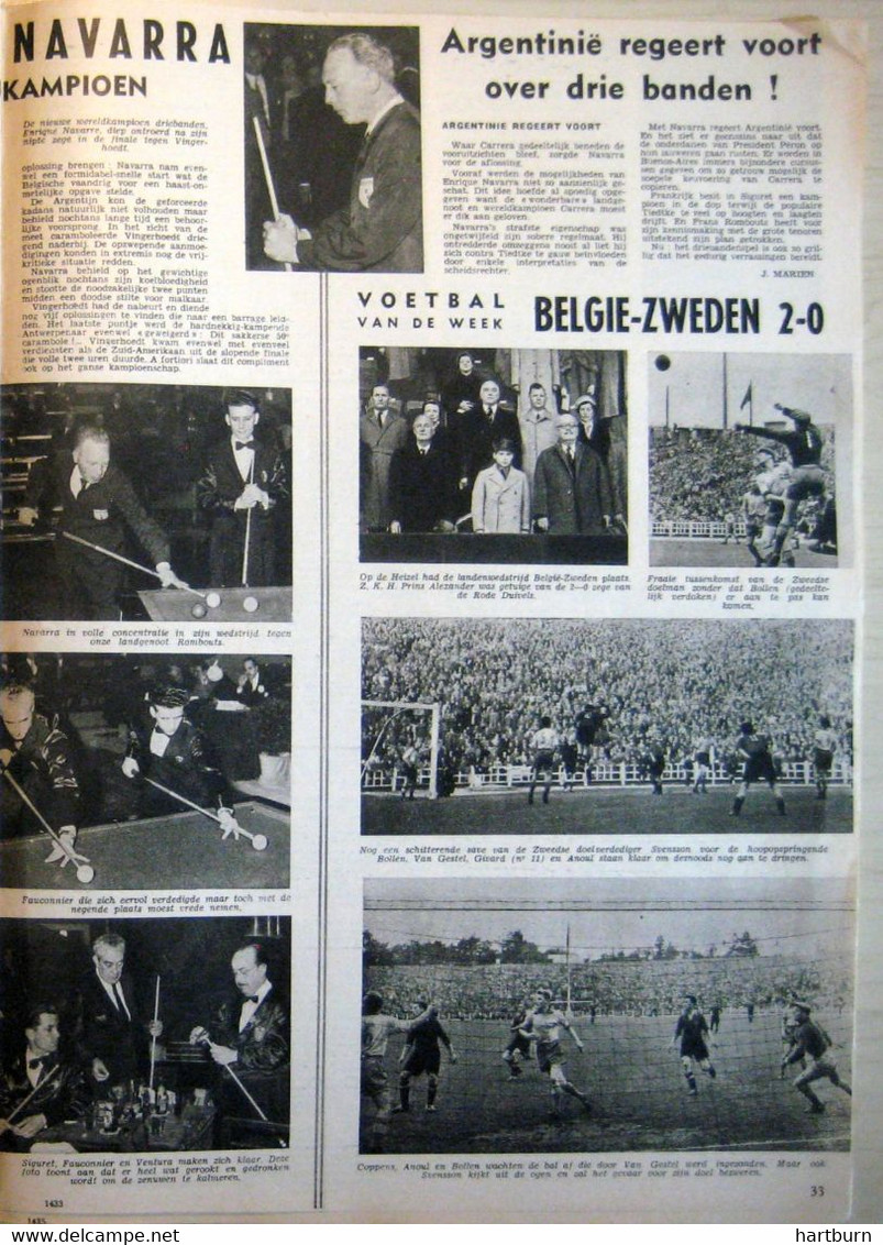 Voetbal Belgie - Zweden (05.11.1953) Biljarten - Drieband, Navarra, Rambouts, Fauconnier - Otros & Sin Clasificación