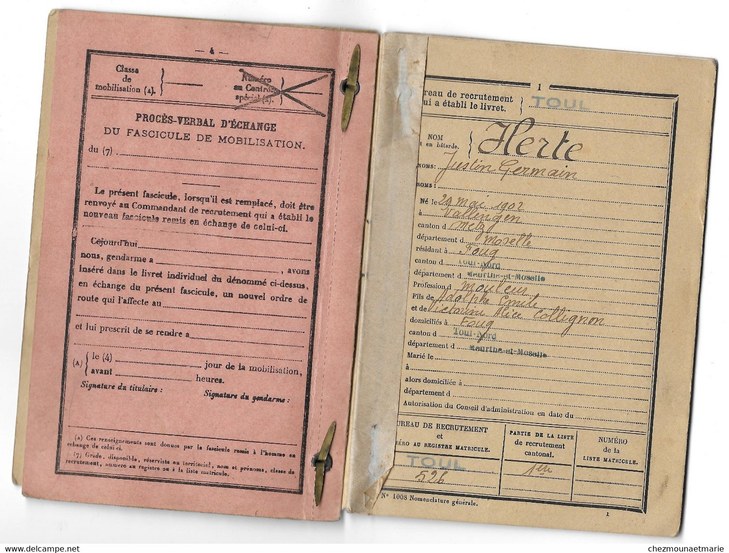 HERTE JUSTIN NE EN 1902 A WALLINGEN VITRY SUR ORNE MECANICIEN MOULEUR - LIVRET MILITAIRE 11 REGIMENT D AVIATION - Documenti