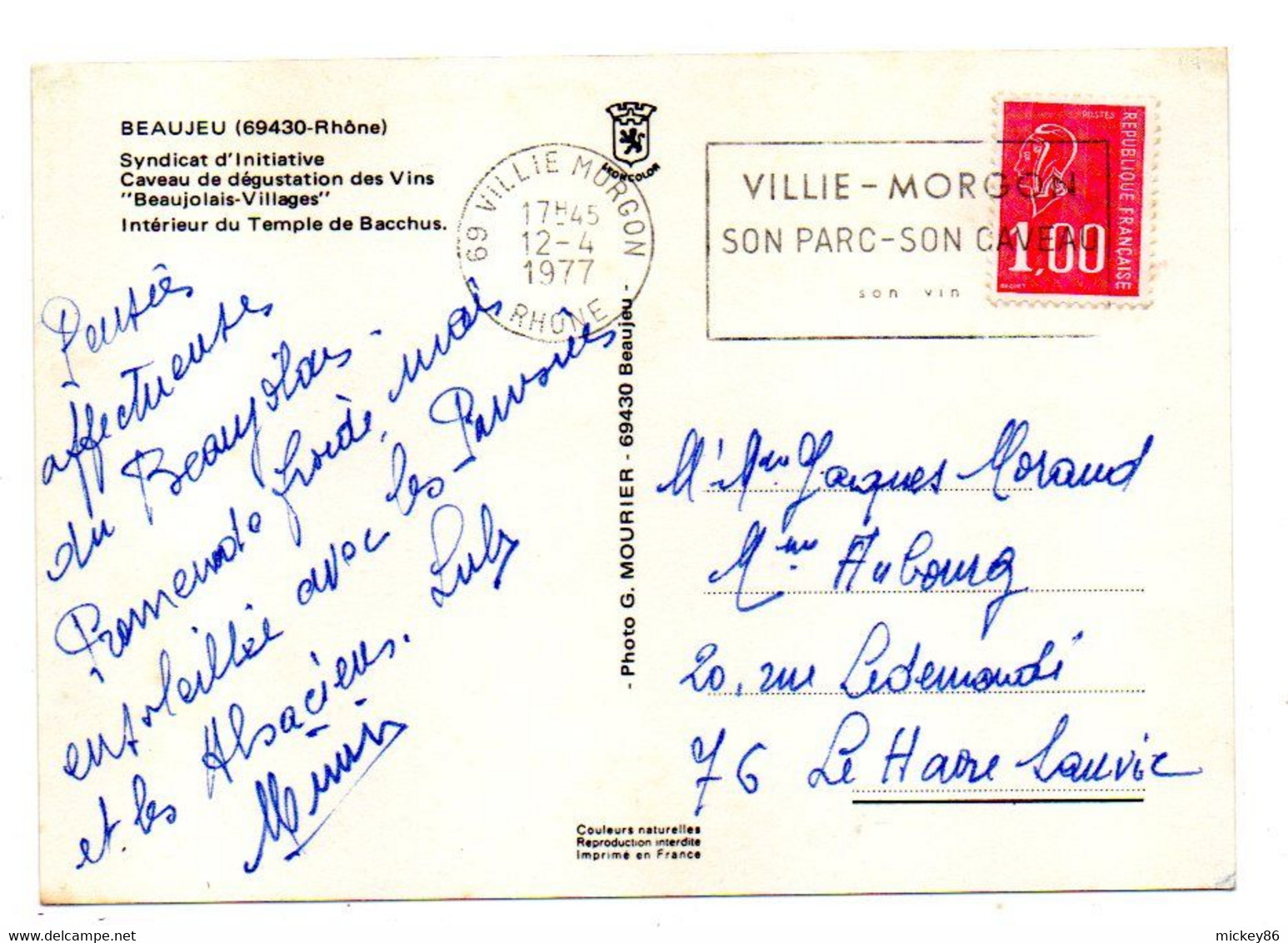 BEAUJEU -- 1977 -- Syndicat D'initiative--Caveau De Dégustation (beaujolais)...cachet  VILLIE-MORGON--69 ..à  Saisir - Beaujeu