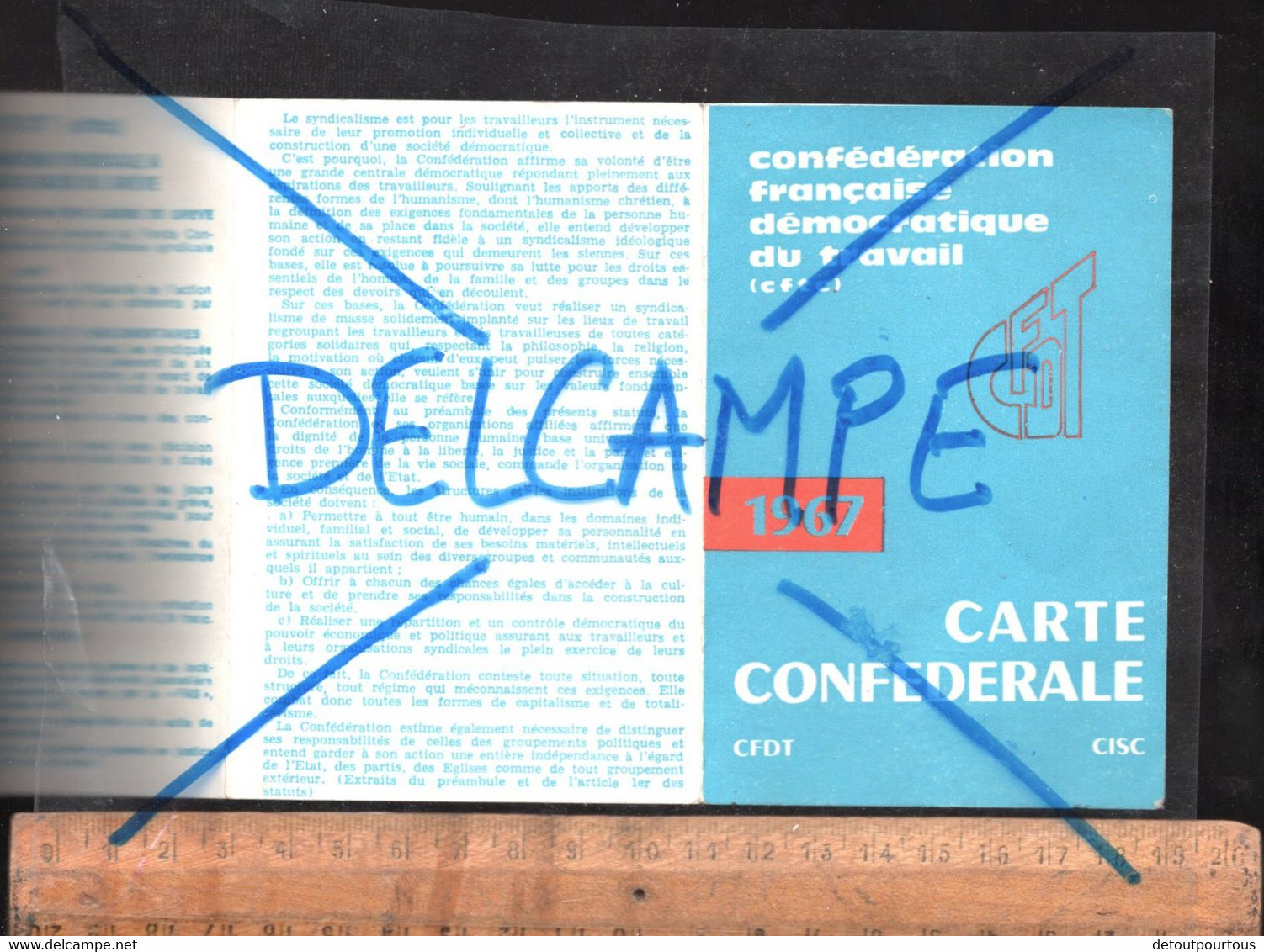 Carte De Membre Cotisation Confédération Française Démocratique Du Travail CFTC Syndicat 1967 - Andere & Zonder Classificatie