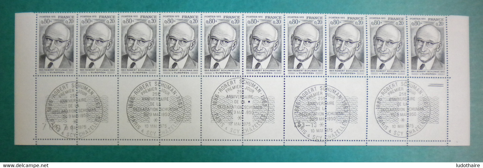 F 1975/ Neuf**/ YT 1826 / Robert Schuman / Bas De Feuille,  Obl PJ 10/05/1975 Sur Bdf - Unused Stamps