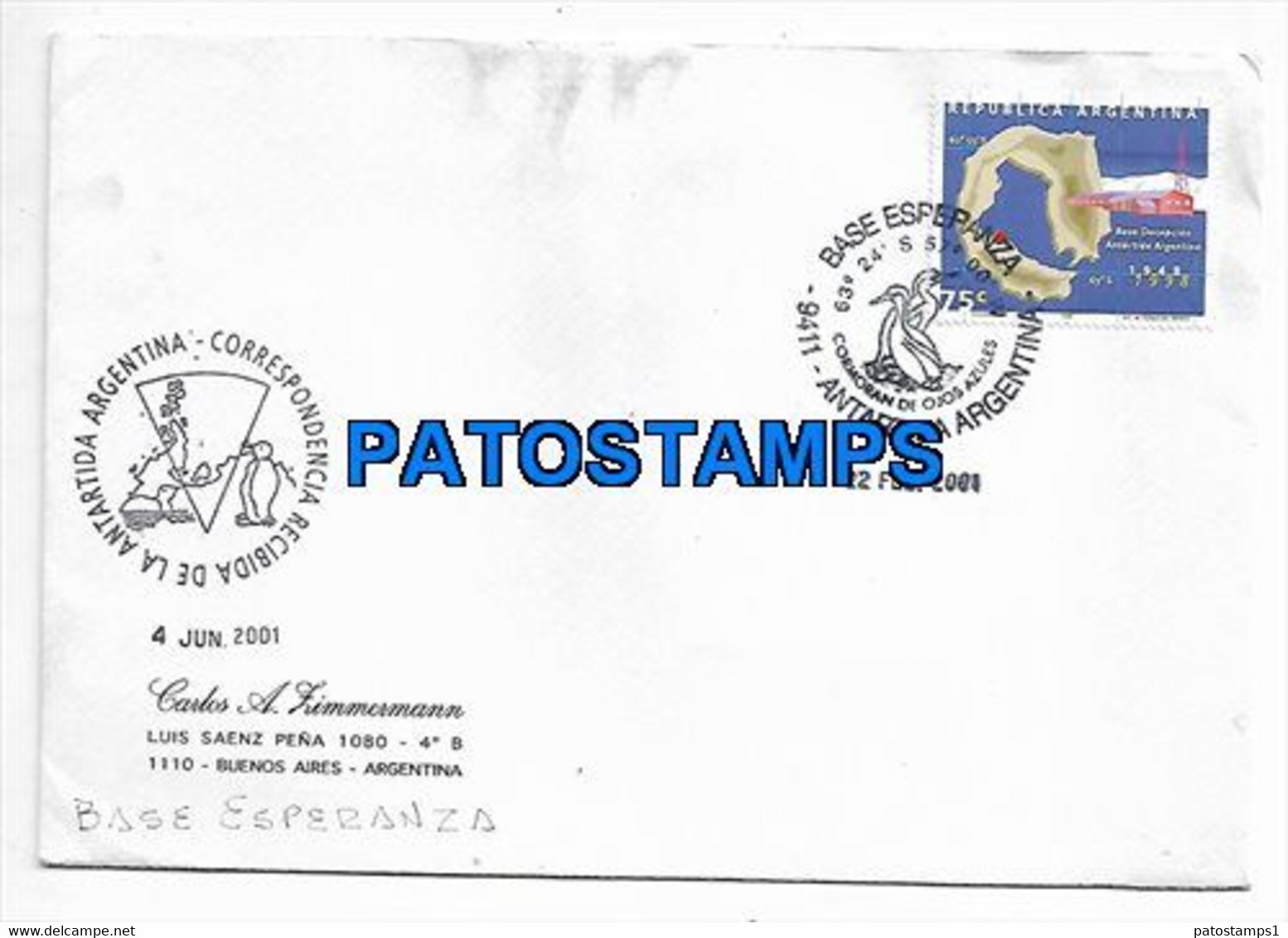 147233 ARGENTINA BUENOS AIRES COVER YEAR 2001 CANCEL ANTARTIDA ANTARCTICA BASE ESPERANZA  NO POSTCARD - Cartas & Documentos