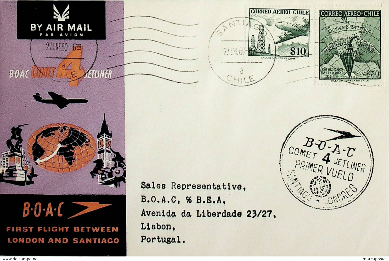 1960 Chile 1st BOAC Flight London - Santiago (Link Between Santiago And Lisbon - Return) - Chile