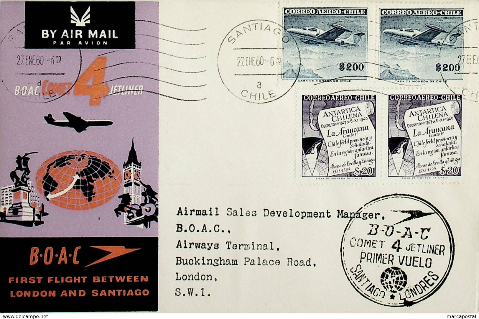 1960 Chile 1st BOAC Flight London - Santiago (Link Between Santiago And London - Return) - Chile