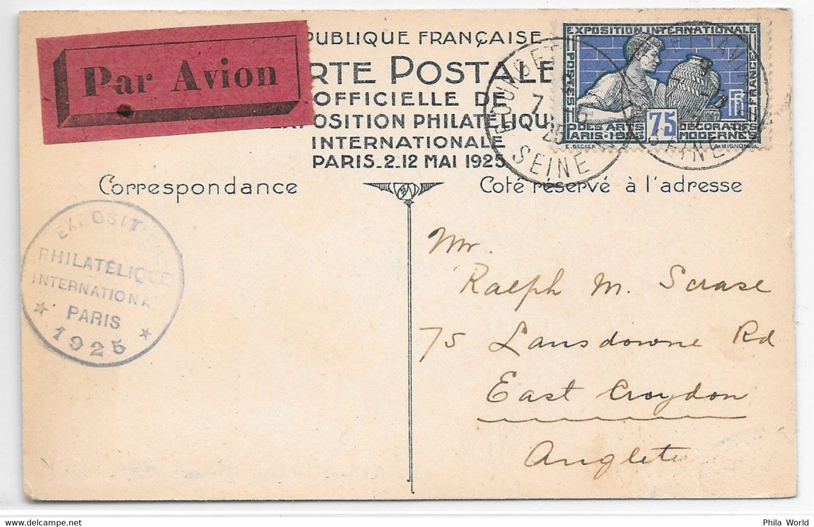 ARTS DECORATIFS PARIS 1925 - CP Officielle PAR AVION YT 215 Seul Pour L' ANGLETERRE - Exposition Au Pavillon De Marsan - Lettres & Documents