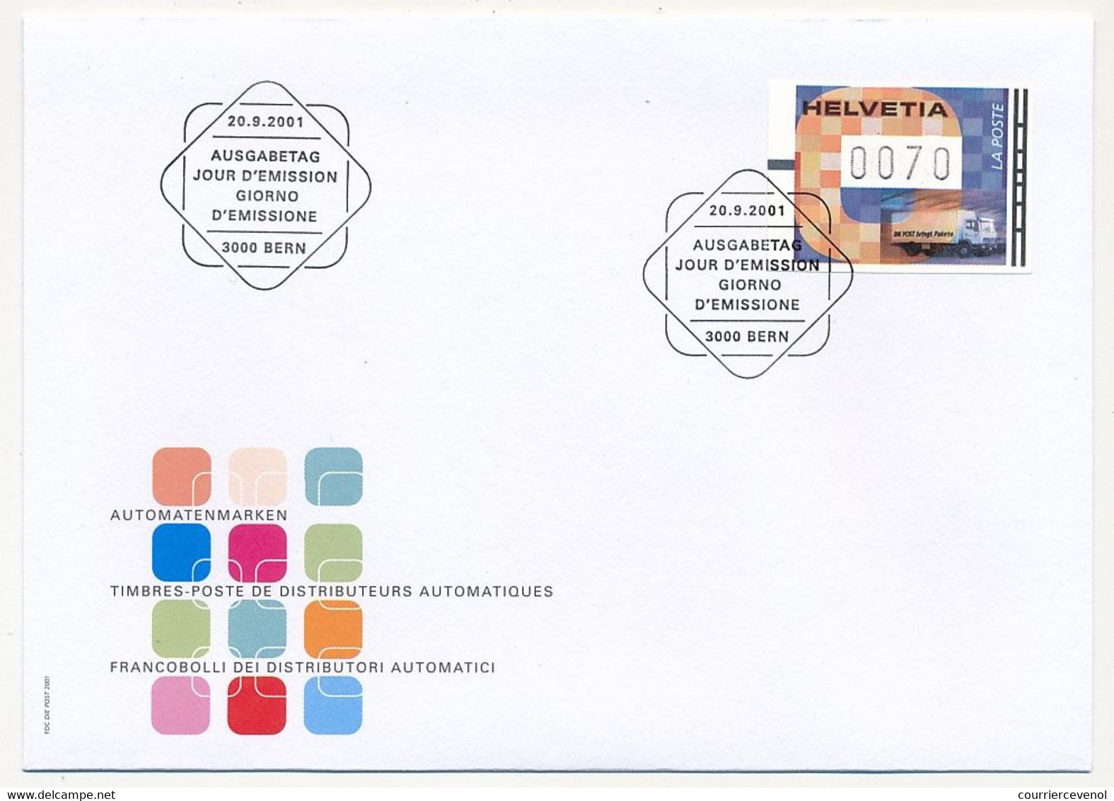 SUISSE -  FDC 2001 - T-P De Distributeurs Automatiques (Train, Camion,automobile, Avion) Berne 20/9/2001 - 5 Env / 2 Sér - FDC