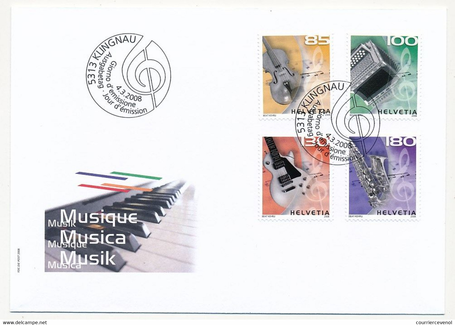 SUISSE -  FDC 2008 - Instruments De Musique - Klingnau - 4/3/2008 - 5 Enveloppes ( 2 Séries ) - Sellos De Distribuidores