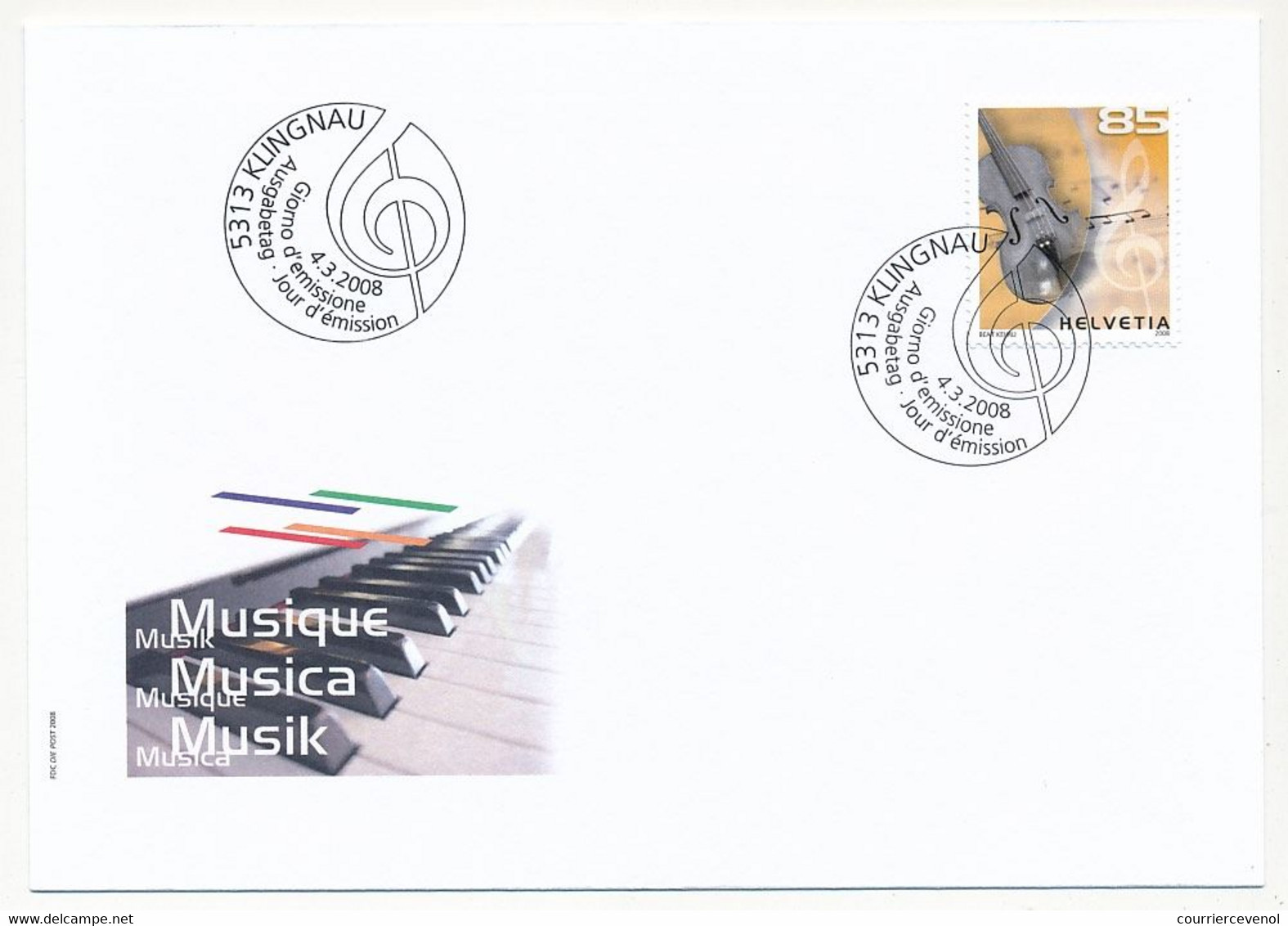 SUISSE -  FDC 2008 - Instruments De Musique - Klingnau - 4/3/2008 - 5 Enveloppes ( 2 Séries ) - Francobolli Da Distributore