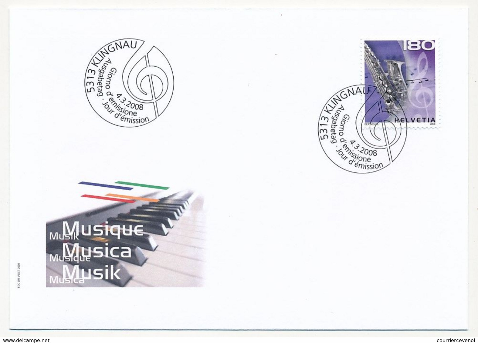 SUISSE -  FDC 2008 - Instruments De Musique - Klingnau - 4/3/2008 - 5 Enveloppes ( 2 Séries ) - Timbres D'automates