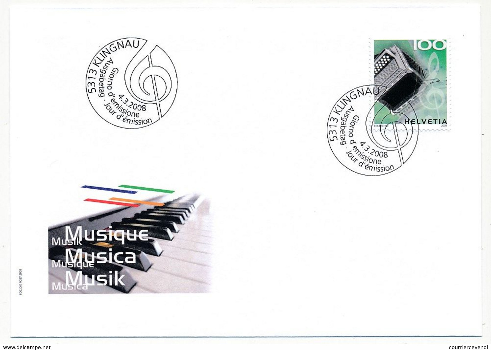 SUISSE -  FDC 2008 - Instruments De Musique - Klingnau - 4/3/2008 - 5 Enveloppes ( 2 Séries ) - Timbres D'automates