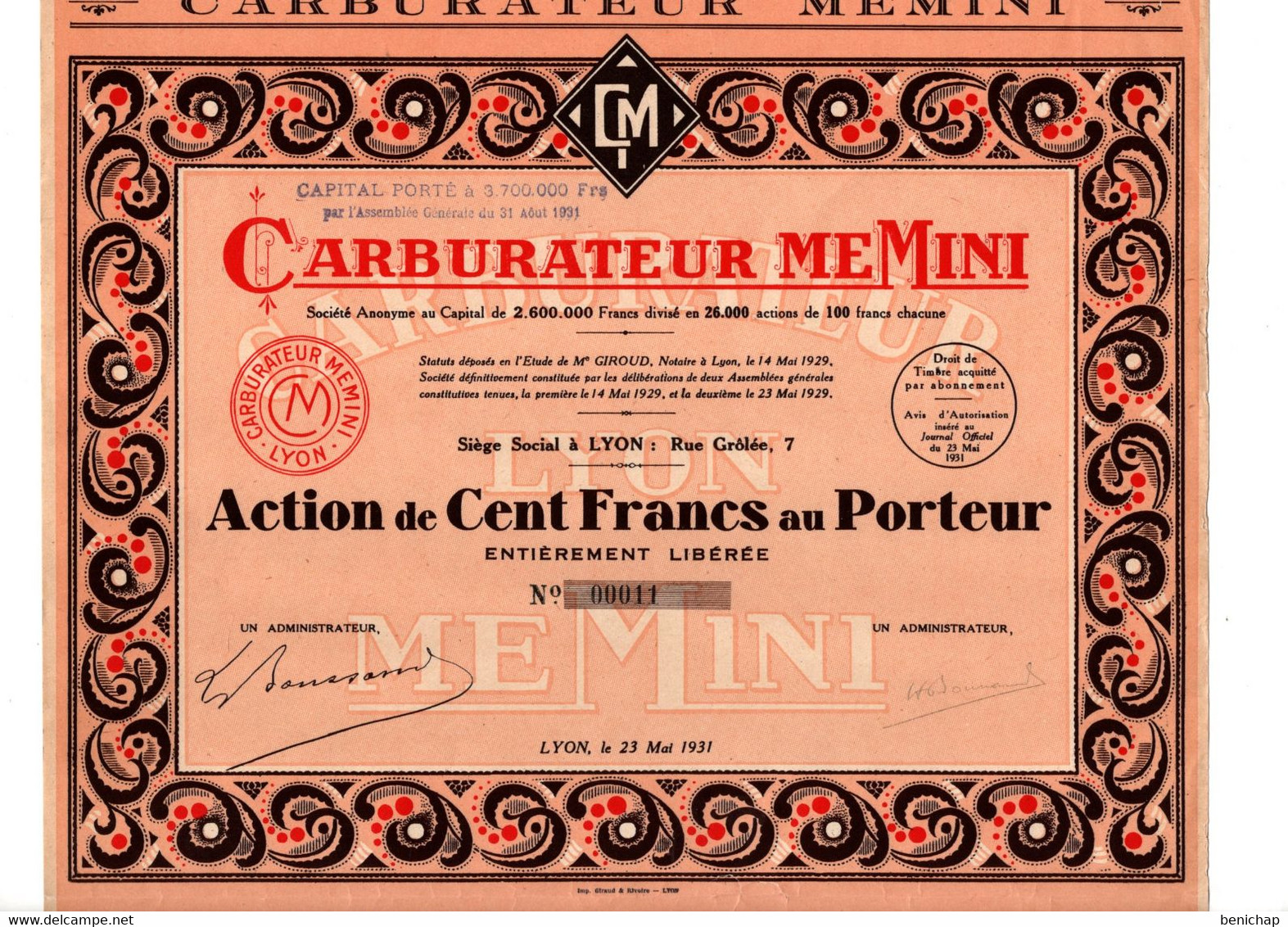 Action De 100 Frcs Au Porteur - Carburateur MEMINI - Lyon 1931. - Auto's