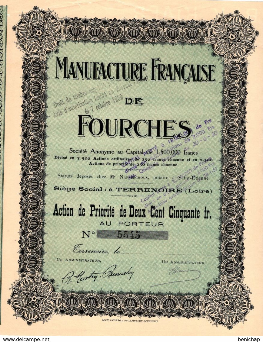 Action De Priorité De 250 Frcs Au Porteur - Manufacture Française De Fourches - Terrenoire - Loire - 1950. - Industry