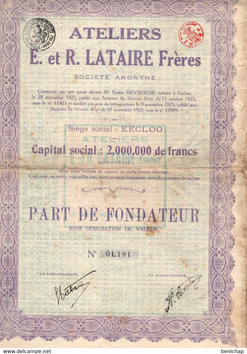 Part De Fondateur Sans Désignation De Valeur - Ateliers E. Et R. Lataire Frères - Eecloo - Bruges - 1925. - Industrie