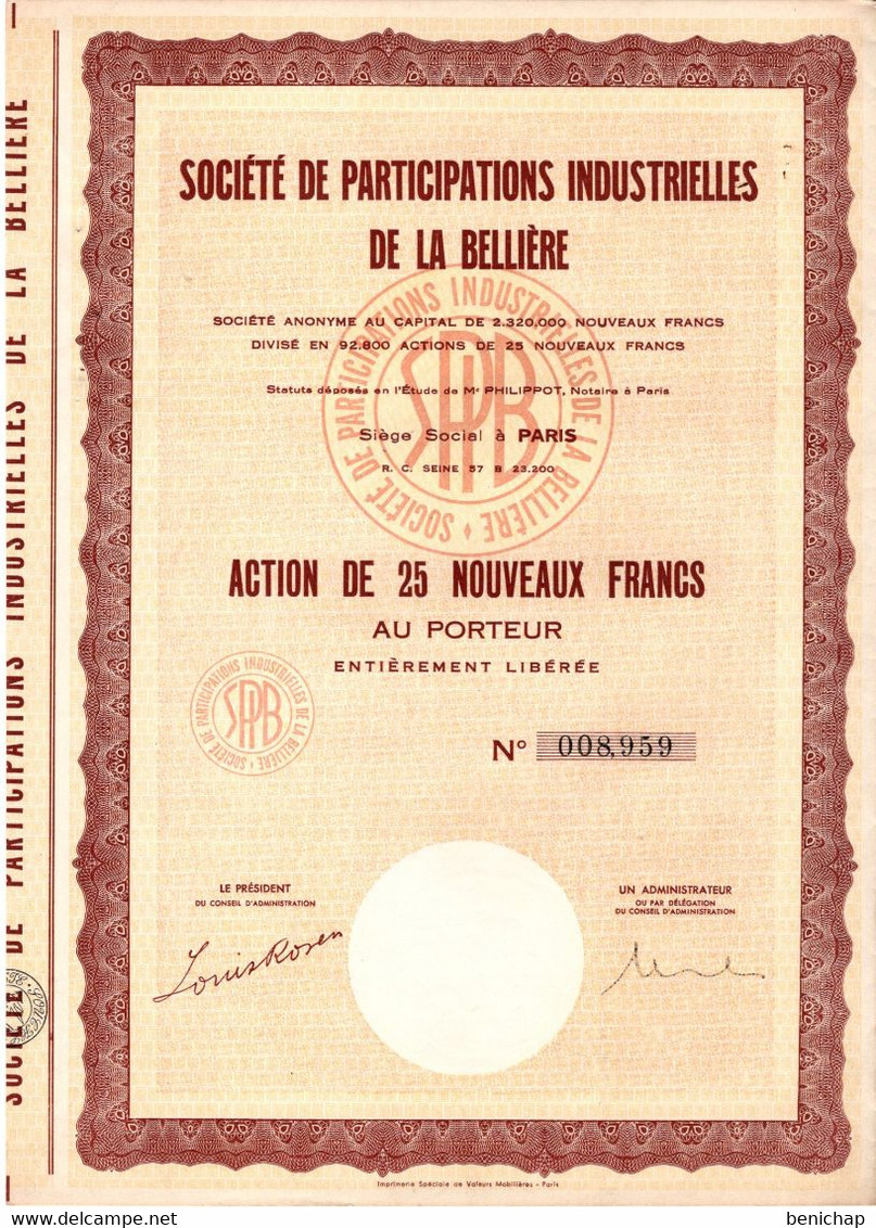 Action De 25 Nouveaux Francs Au Porteur - S.P.I.B. - Société De Participations Industrielles De La Bellière - Paris - Industrie
