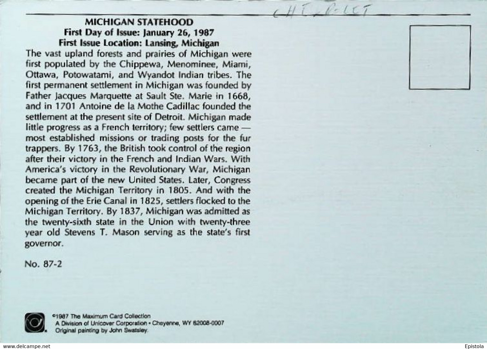 ► CORVETTE  1987 - Statehood Michigan  Automobile Chevrolet Maximum Card (Litho. LANSING  U.S.A.) - Lansing