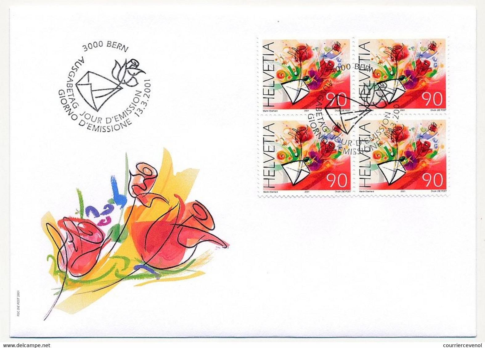 SUISSE -  FDC 2001 - Rose Auguri - Berne - 13/3/2001 - 2 Enveloppes - FDC