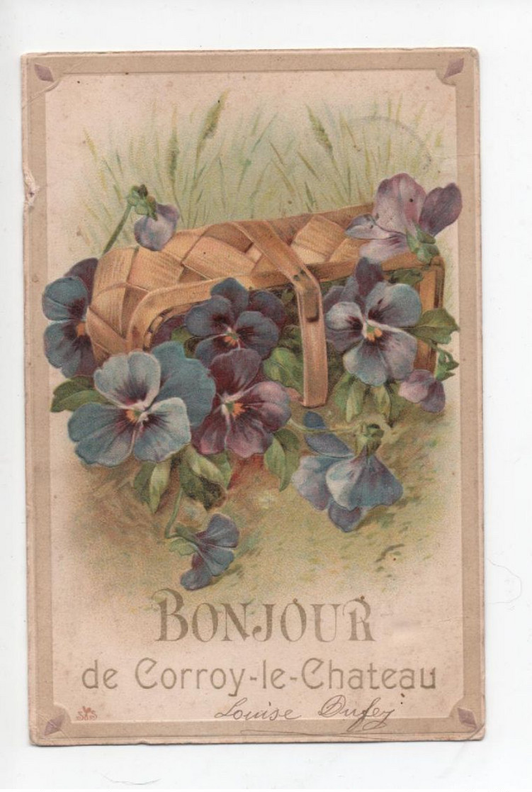 "  Bonjour  De  Corroy - Le - Chateau  "   - Panier  Des  Pensées  Renversée  -  Gaufrée - Greetings From...