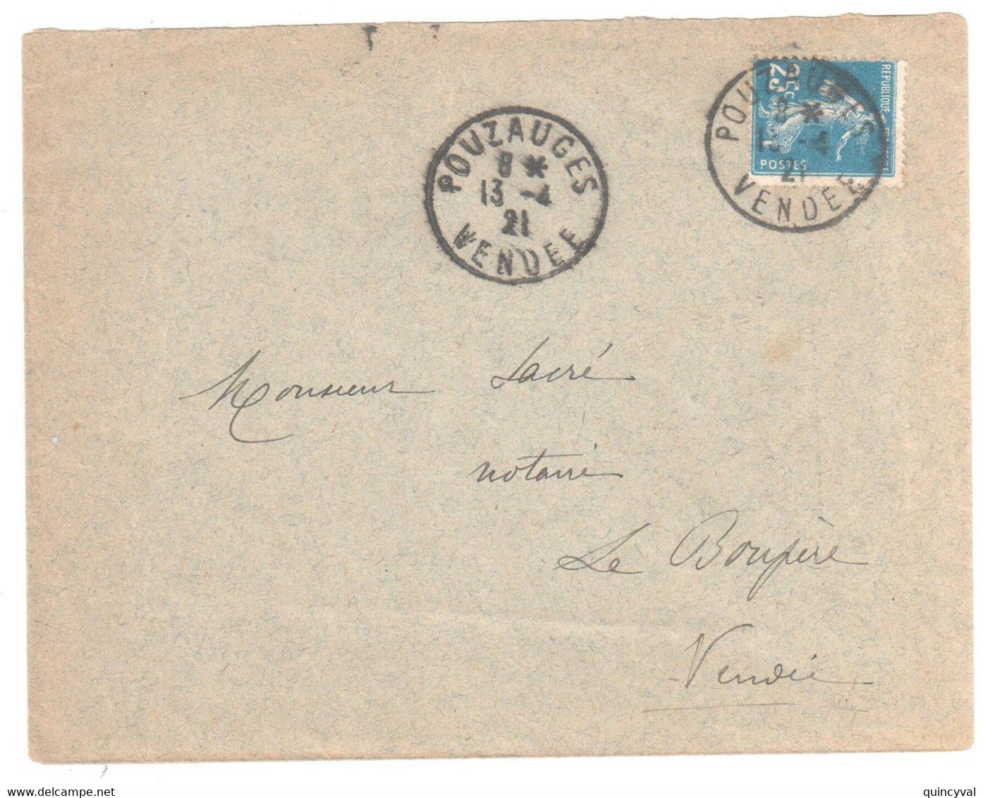 POUZAUGES Vendée Lettre 25c Semeuse Bleu Yv 140 Ob 13 4 1921 - Covers & Documents