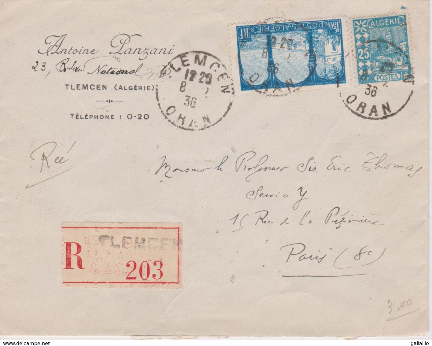 LETTRE RECOMMANDEE DE TLEMCEN ALGERIE DE 1936 - Other & Unclassified