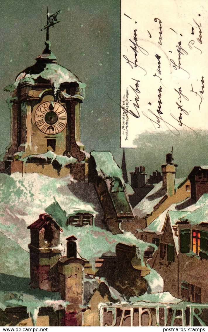 Monat "Januar", Verschneite Dächer, Kirche, Sign. Guggenberger, 1900 In Dresden Versandt - Guggenberger, T.