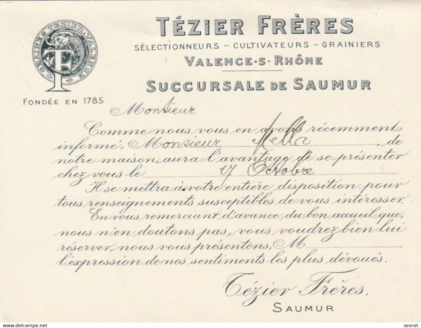 SAUMUR - Petit  Document Commercial TEZIER Frères . Format 13.70x11.50 - Saumur