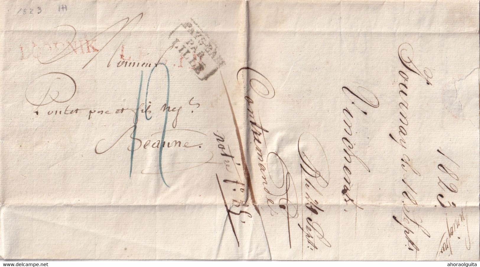 DDY 070 - Lettre Précurseur TOURNAY 1823 Vers Négociant En Vins à BEAUNE - Griffe DOORNIK , Entrée P.B. Par LILLE - 1815-1830 (Periodo Olandese)