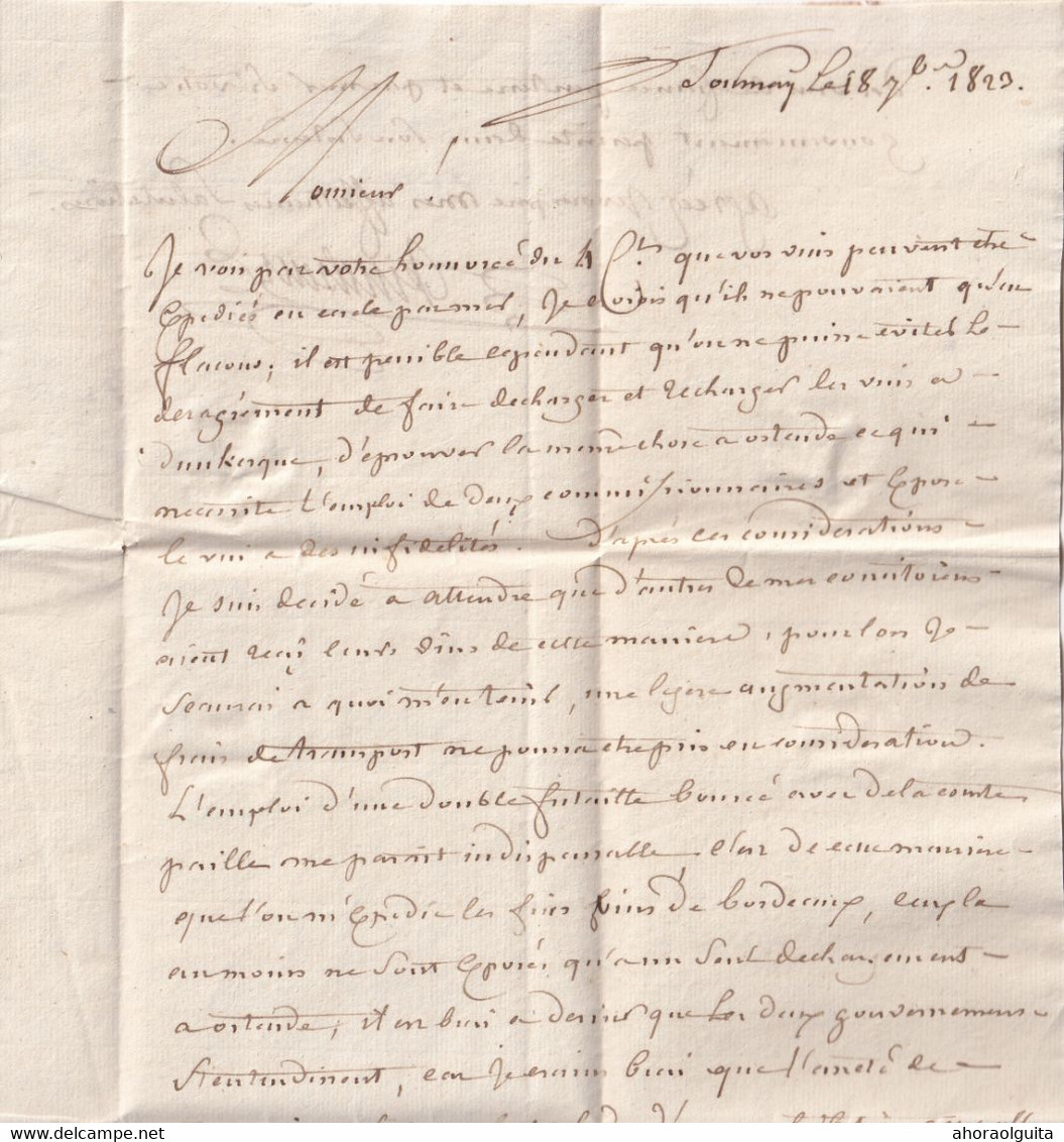 DDY 070 - Lettre Précurseur TOURNAY 1823 Vers Négociant En Vins à BEAUNE - Griffe DOORNIK , Entrée P.B. Par LILLE - 1815-1830 (Periodo Olandese)