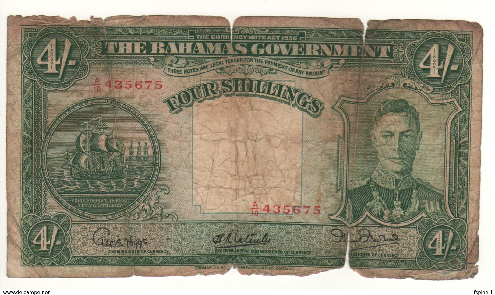 BAHAMAS   4  Shillings    P9e    King George VI    (L. 1936...sign. Commissioner Of Currency ) - Bahamas