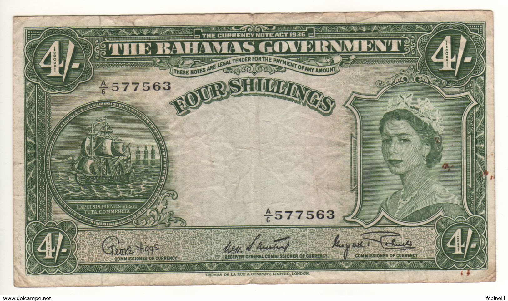 BAHAMAS   4 Shillings    P13d   Queen Elizabeth II  1953  (L. 1936...sign. Sweeting-Roberts) - Bahamas