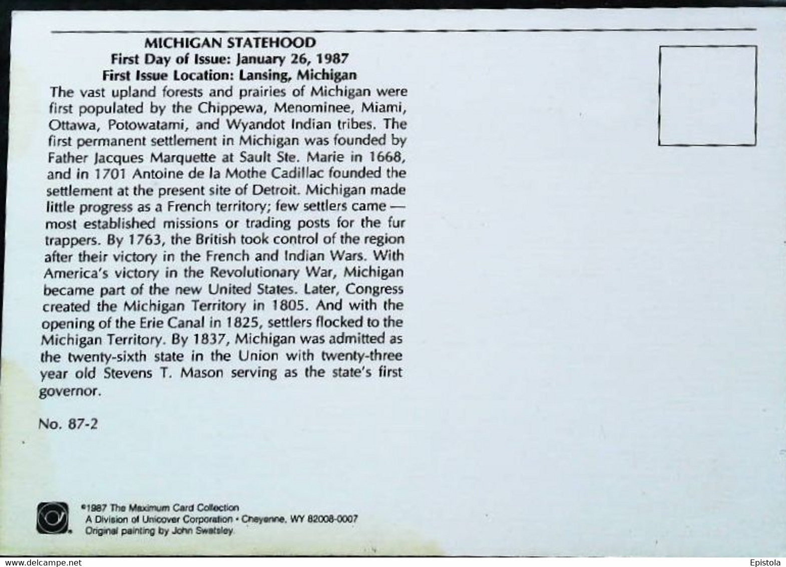 ► CORVETTE  1987 - Statehood Michigan  Automobile Chevrolet Maximum Card (Litho. LANSING  U.S.A.) - American Roadside
