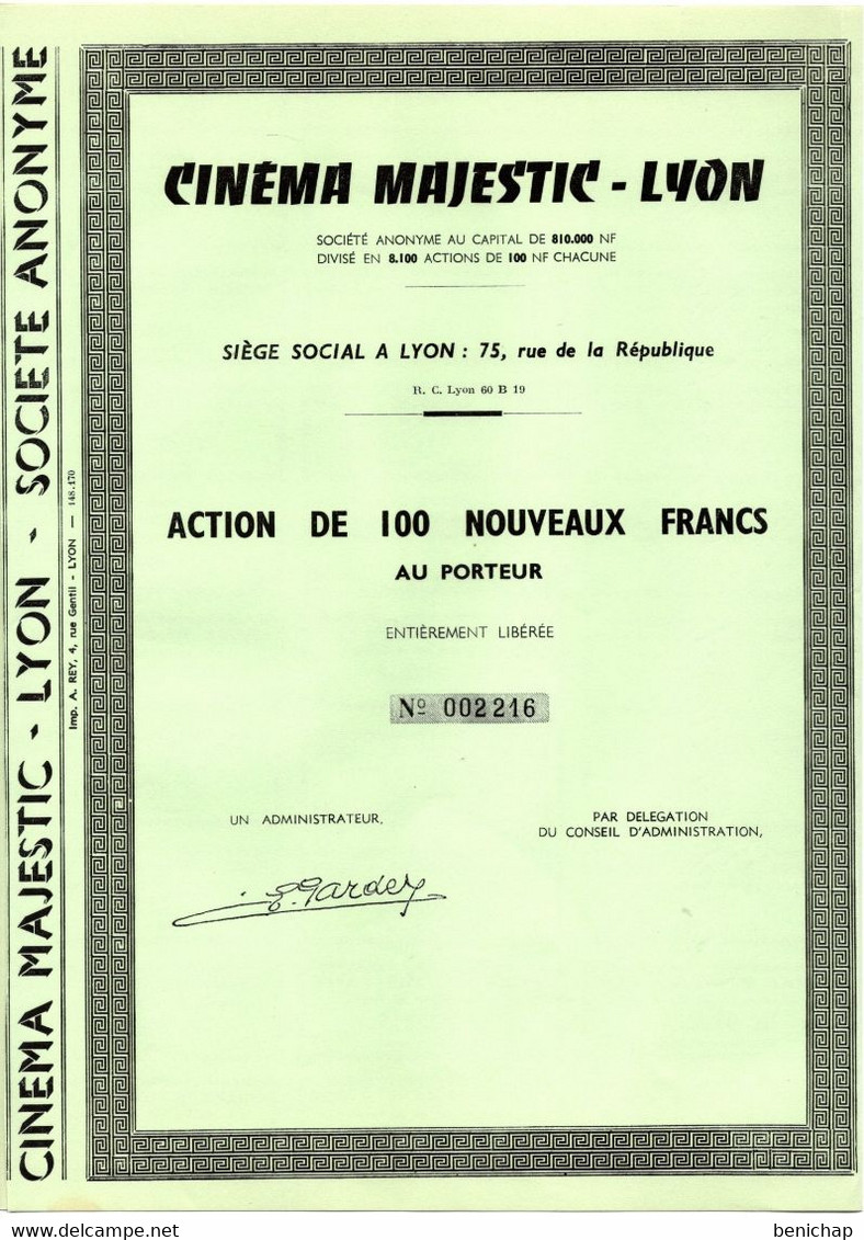 Action De 100 Nouveaux Francs Au Porteur - Cinéma Majestic - Lyon. - Cinema & Teatro