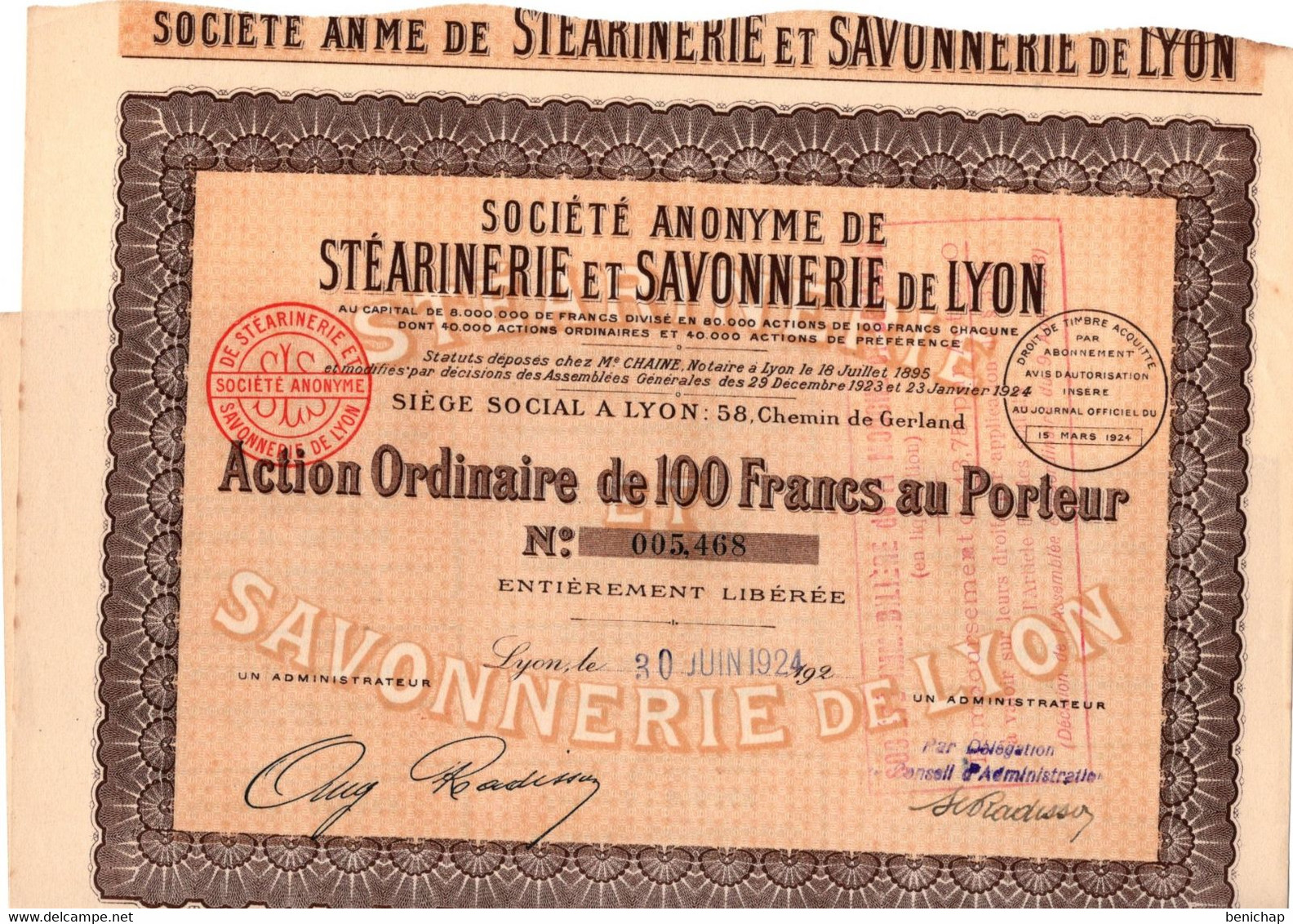 Action Ordinaire De 100 Frcs Au Porteur - S.A. De Stéarinerie Et Savonnerie De Lyon - 1924. - Parfum & Kosmetik