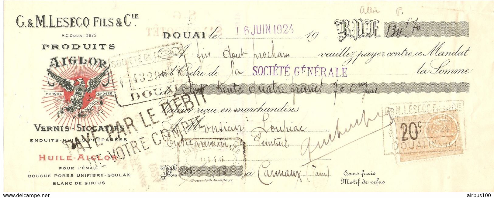 TRAITE 1924 - DOUAI G. & M. LESECQ FILS & Cie PRODUITS AIGLOR VERNIS HUILE SOULAK BLANC DE SIRIUS - CARMAUX TARN - Droguerie & Parfumerie