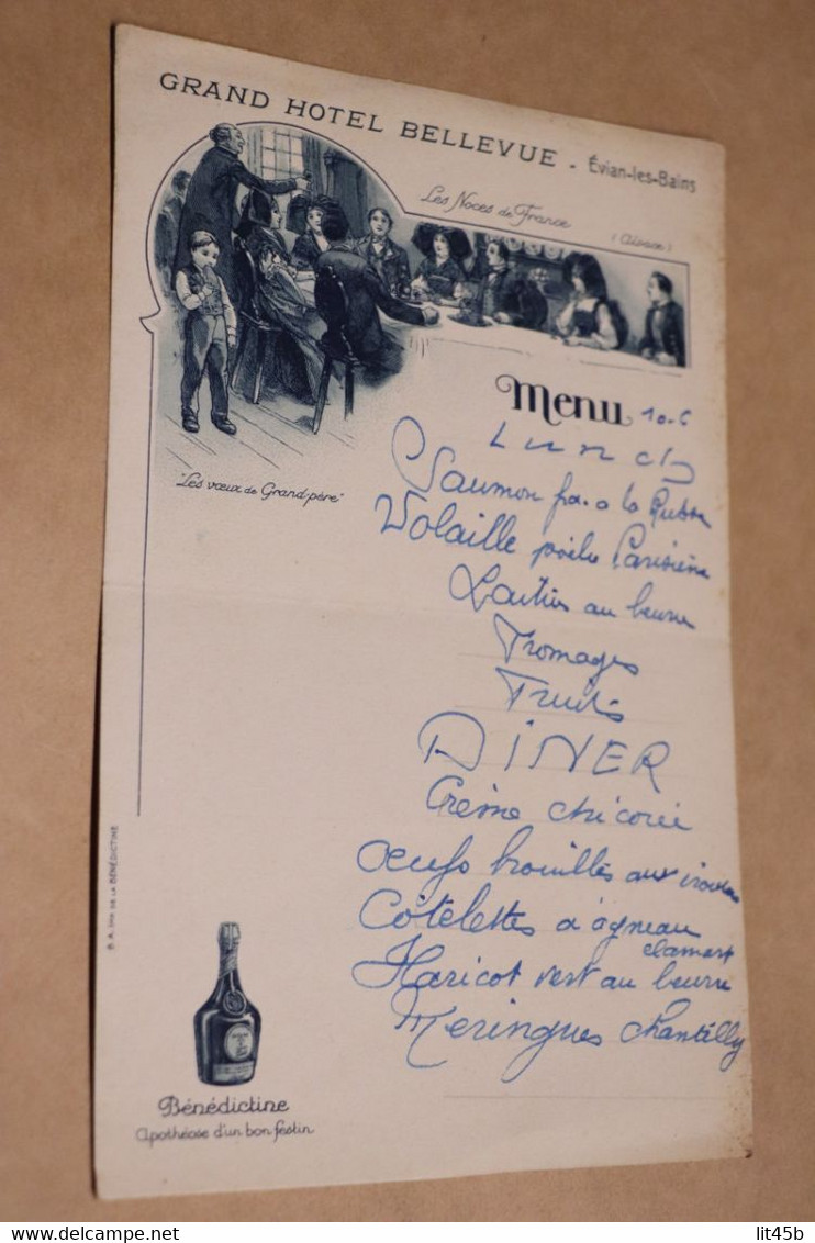 Ancien Menu Du Grand Hotel Bellevue à Evian-les-Bains ,20 Cm. Sur 13 Cm. - Menus