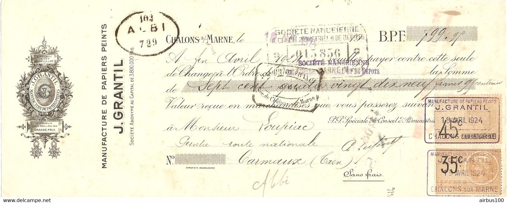 TRAITE 1924 - CHALONS SUR MARNE J. GRANTIL MANUFACTURE DE PAPIERS PEINTS - CARMAUX TARN - Droguerie & Parfumerie