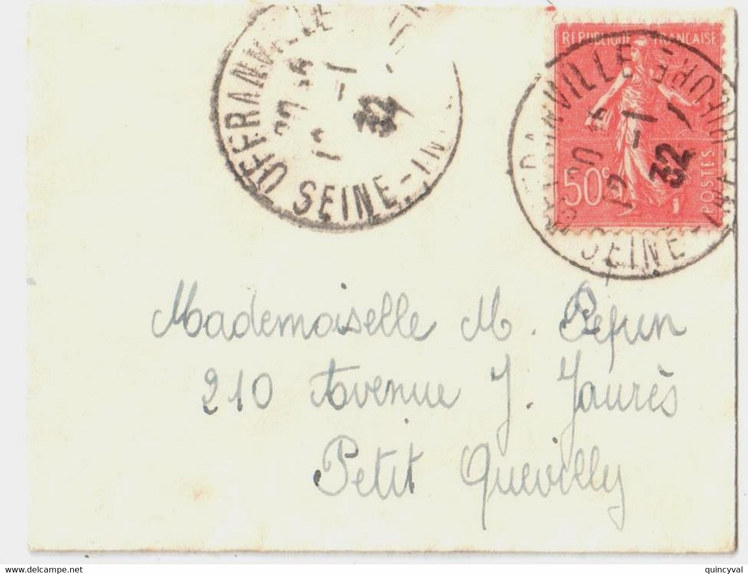 OFFRANVILLE Seine Inférieure Carte De Viste Mignonette 50c Semeuse Lignée Yv 199 Ob 12 1 1932 - Lettres & Documents