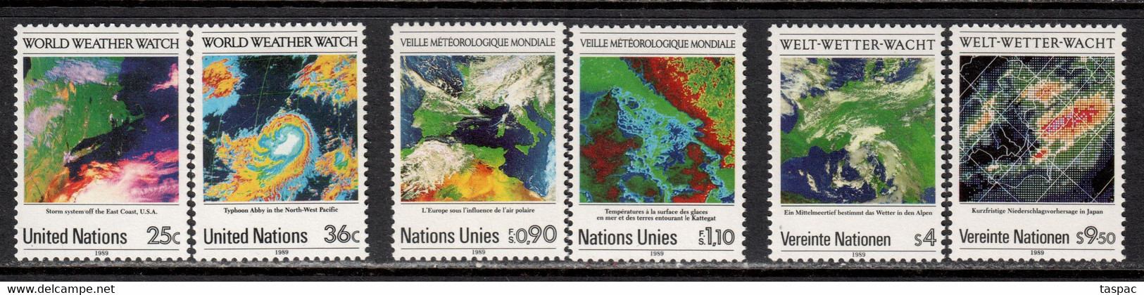 United Nations 1989 New York Mi# 575-576; Geneva 176-178; Vienna 92-93 ** MNH - World Weather Watch, 25th Anniv. / Space - América Del Norte