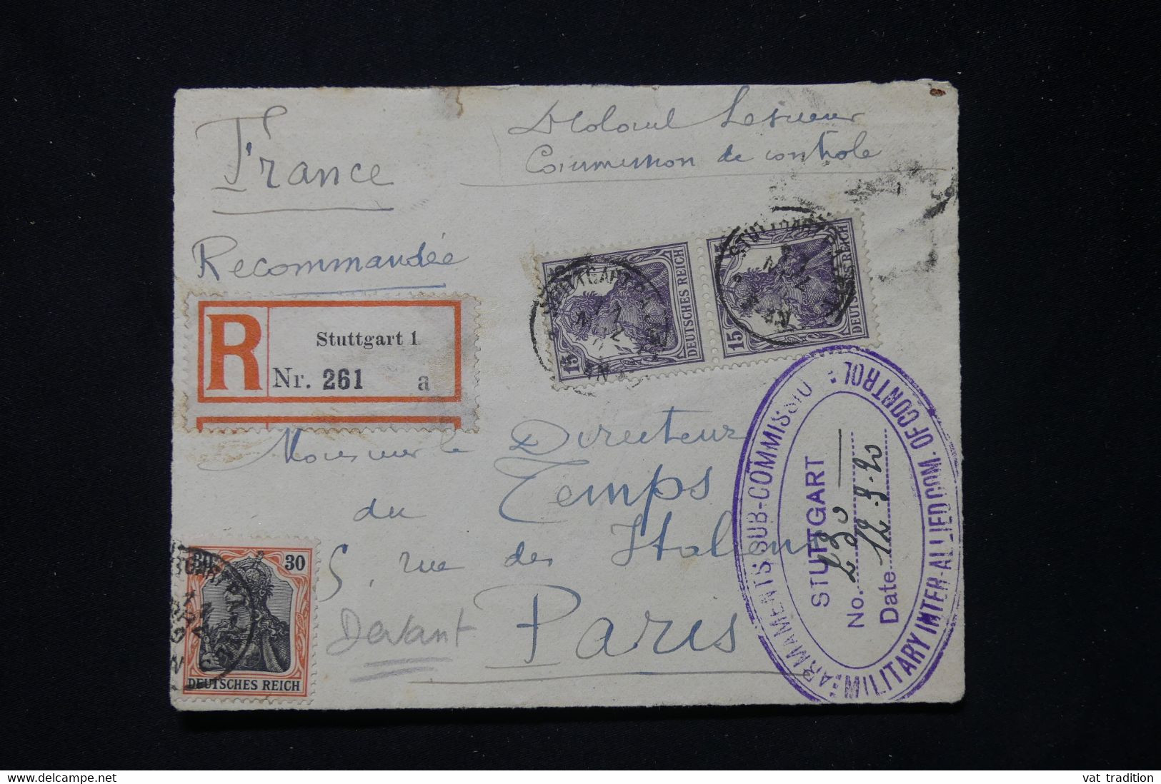 ALLEMAGNE - Devant D'enveloppe En Recommandé De Stuttgart Pour Paris En 1920 Avec Cachet De Contrôle Postal - L 77740 - Cartas & Documentos