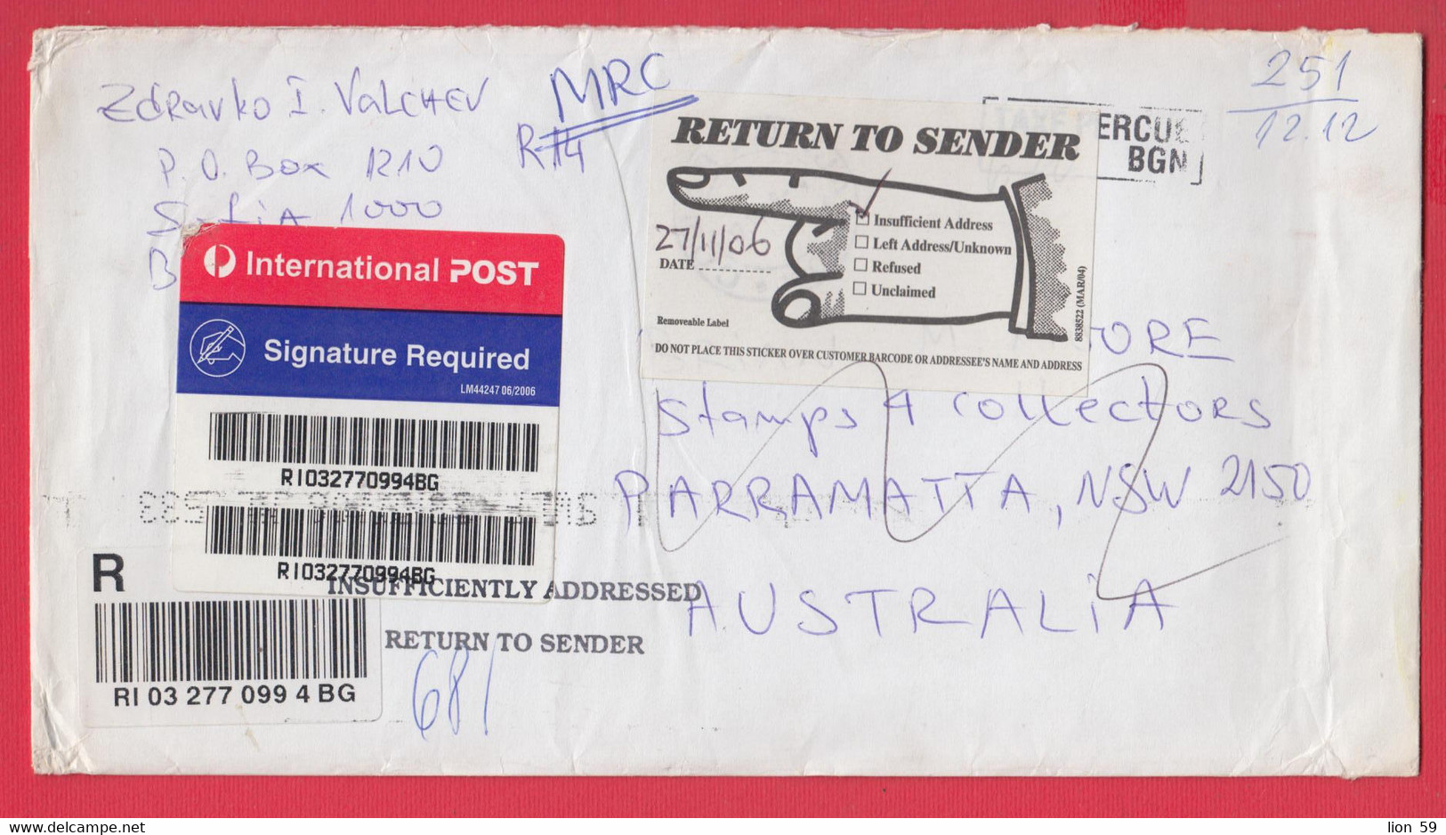 254606 / Registered Cover Bulgaria 2006 - Taxe Percue 6.00 Lv. , Australia Return To Sender Insufficiently Addressed - Brieven En Documenten