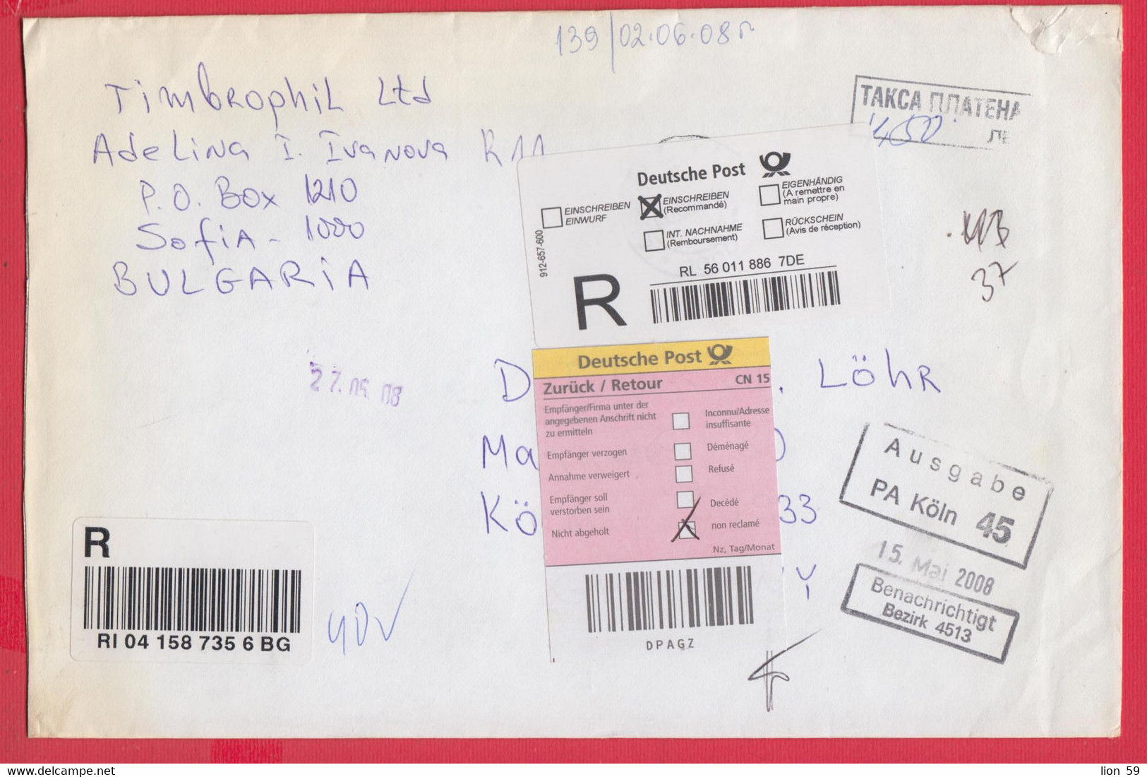 254611 / Registered Cover Bulgaria 2008 - Taxe Percue 4.50 Lv. , Germany Zuruck 8 Retour Ausgabe PA Koln 45 - Lettres & Documents