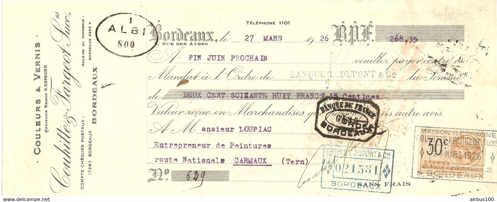 TRAITE 1926 - BORDEAUX COUHITTE & FARGEOT Succ. Anc . MAISON H. ESPAGNE COULEURS & VERNIS - CARMAUX TARN - Droguerie & Parfumerie