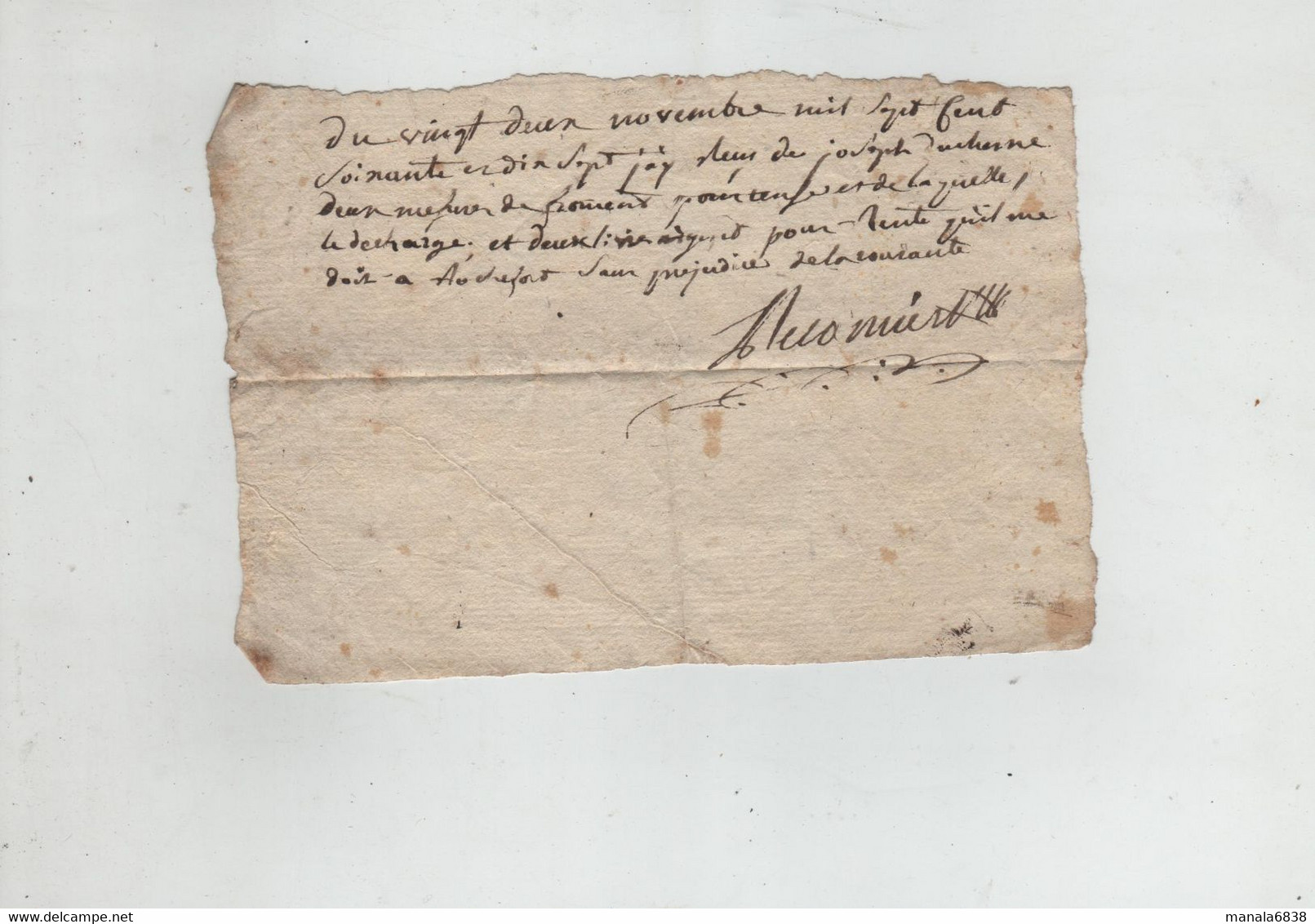 Reçu 1777 Duchesne Duchene Joseph Froment Deux Livres Argent Rochefort à Identifier - Historische Dokumente