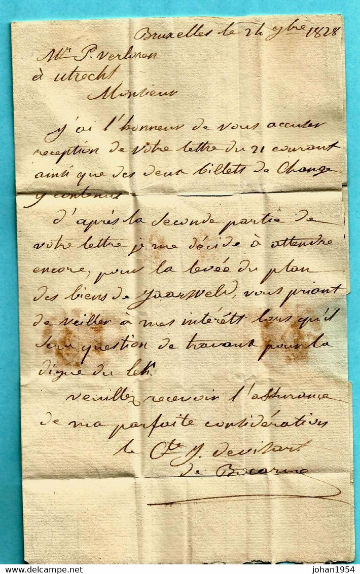 LAC 24/09/1828, Griffe BRUSSEL / FRANCO (Herlant 68 : 39x12 Mm) Vers Utrecht, Port : 25 Centimes (verso) - 1815-1830 (Dutch Period)