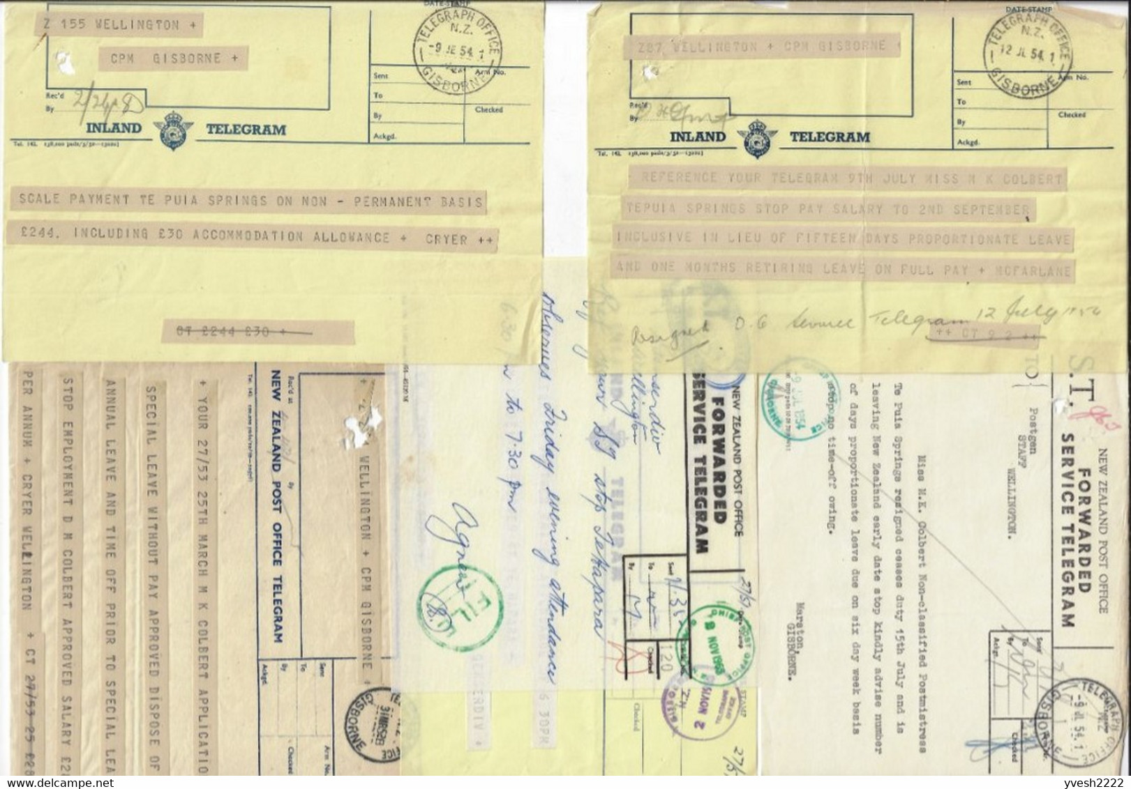 Nouvelle Zélande. Lot de télégrammes, d'enveloppes de télégrammes et formulaires utilisés par les télégraphes