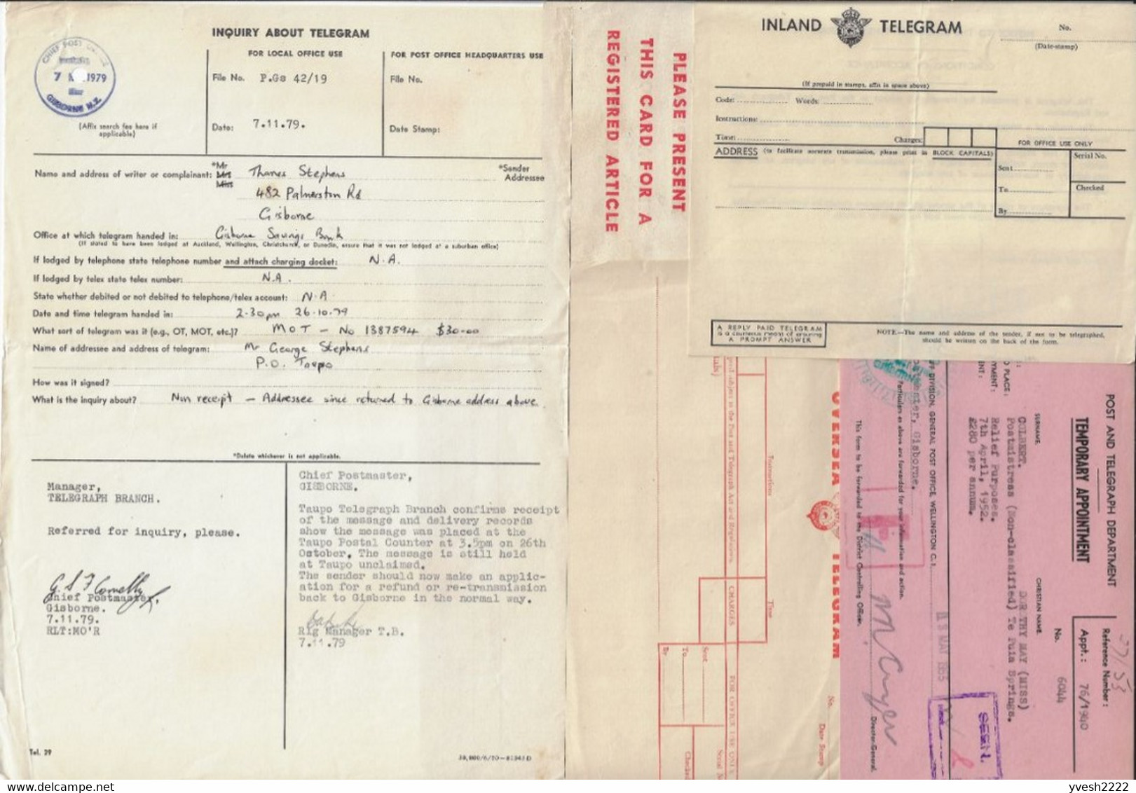 Nouvelle Zélande. Lot de télégrammes, d'enveloppes de télégrammes et formulaires utilisés par les télégraphes