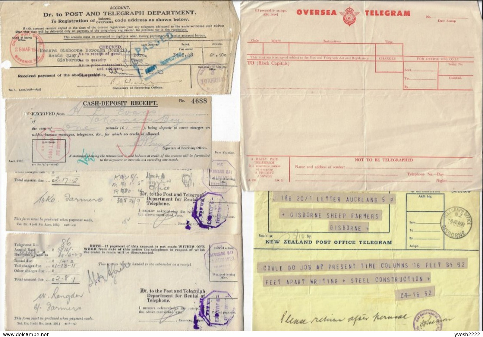 Nouvelle Zélande. Lot de télégrammes, d'enveloppes de télégrammes et formulaires utilisés par les télégraphes