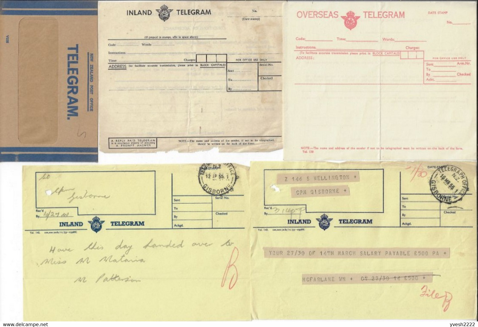 Nouvelle Zélande. Lot de télégrammes, d'enveloppes de télégrammes et formulaires utilisés par les télégraphes