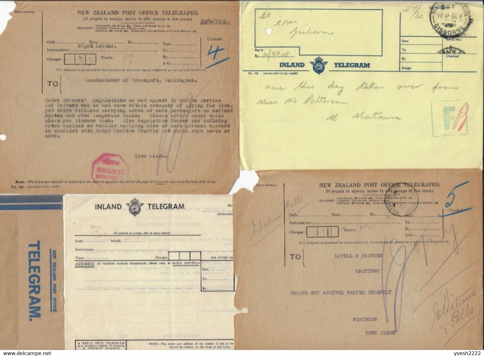 Nouvelle Zélande. Lot de télégrammes, d'enveloppes de télégrammes et formulaires utilisés par les télégraphes